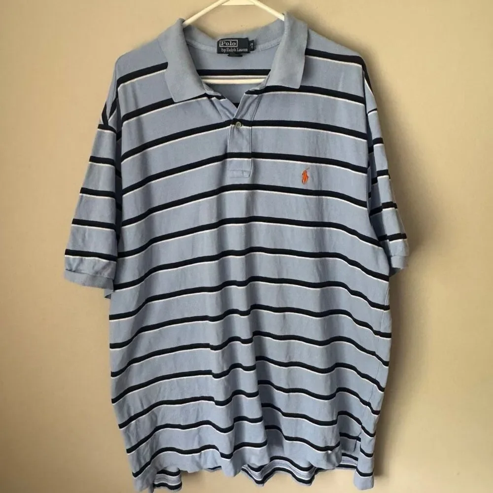 Vintage Polo Ralph Lauren Striped Polo Shirt Light Blue Navy White Men's 2XL Big